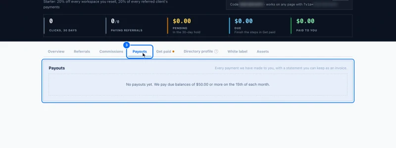 Step 3: Open the Payouts tab. In your partner area, click Payouts.