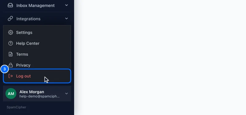 Step 3: Log out. Click your name at the bottom of the left menu, then Log out. You are signed out of this browser; other browsers and devices stay signed in until you log out there or their sign-in runs out.