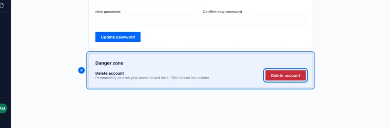 Step 4: Danger zone. On the Account tab, under Danger zone, click Delete account and confirm.
