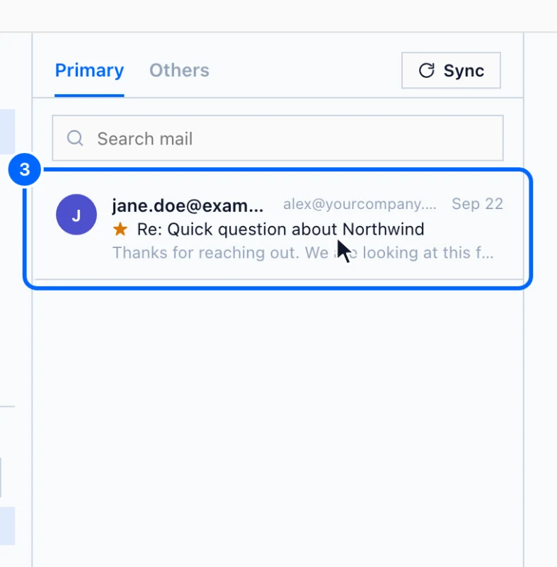 Step 3: Open the conversation. Click a message. A star marks a priority reply, and the small text under the sender says which campaign and which mailbox it came to.