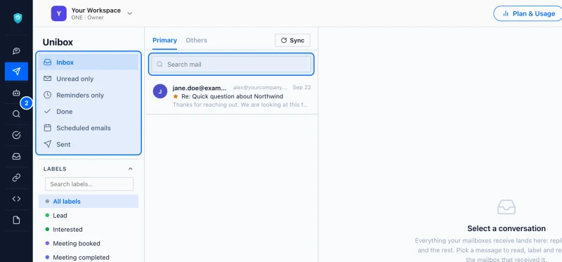 Step 2: Pick a folder. Inbox is everything open. Unread only and Reminders only narrow it. Done holds what you have dealt with, and Sent what went out.