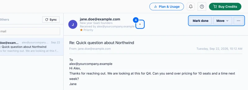 Step 4: Read it and label it. The reply opens on the right, with the campaign it answers and the mailbox that received it.