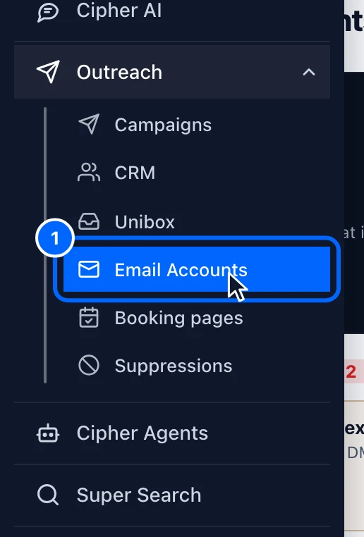 Step 1: Open Email Accounts. In the left menu, point to the paper plane icon to open Outreach.