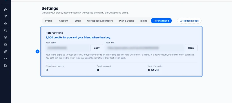 Step 2: Copy your code or your link. Your code is what a friend types in. Your link takes them to SpamCipher with your code already attached.