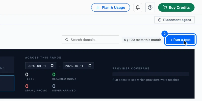 Step 2: Click Run a test. The console shows your results so far and how many tests this month you have used.