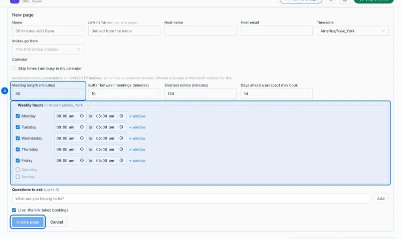 Step 4: Set the length and your hours. Meeting length is how long each slot is. The buffer keeps a gap between meetings, and the shortest notice stops someone booking a slot that starts in ten minutes.