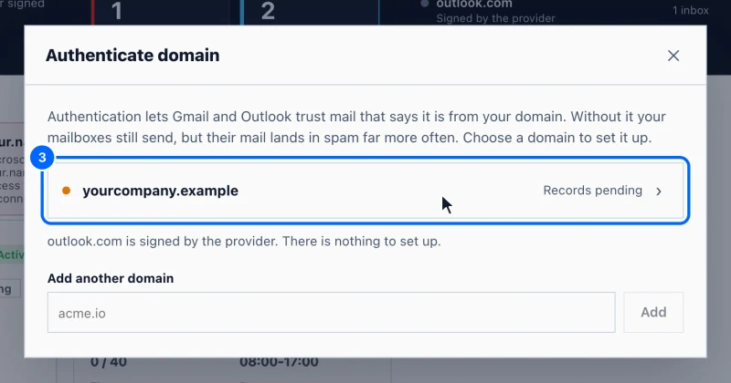 Step 3: Choose your domain. Click your domain in the list. Each domain shows how far it is set up, for example Records pending.