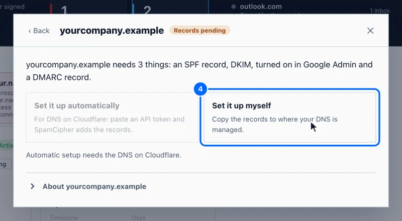 Step 4: Choose to set it up yourself. The panel lists what your domain still needs, such as an SPF record, DKIM and a DMARC record.