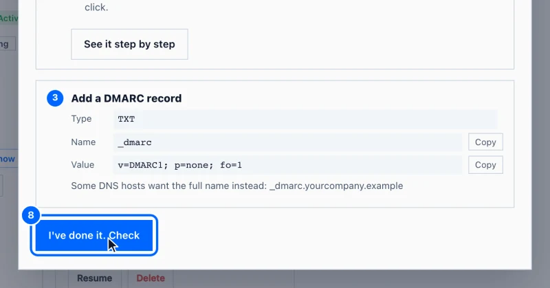 Step 8: Check the records. Come back to this panel and click I've done it. Check.