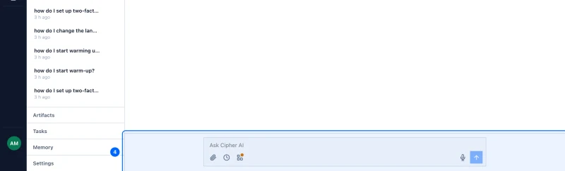 Step 4: Answer Cipher AI's questions. Cipher AI opens and asks what you sell, who buys it, and what you want the agent to do first. Answer in your own words, or give it your website and let it read.