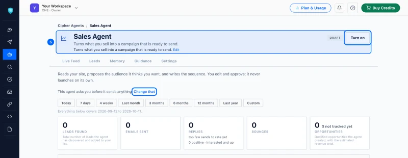 Step 5: Open the agent's page. The agent appears under Cipher Agents as a draft, with its own page. The line under its name says what it does; click Edit to change it.