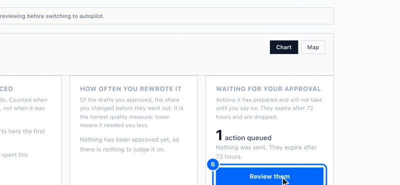 Step 6: Approve what it prepared. Anything the agent has prepared and will not send without you is under Waiting for your approval. Click Review them to read each one, change a word, and approve or reject it.