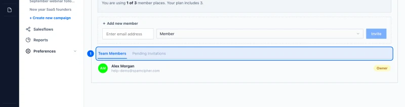 Step 1: Open the members page. Click your name at the bottom of the left menu, then Settings, or open Preferences in the CRM menu and choose Workspace & members.
