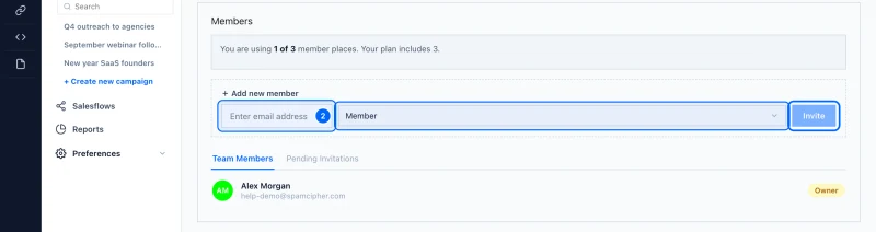 Step 2: Invite someone with a role. Under Add new member, type their email address, pick Member or Admin, and click Invite. They get an email with a link that works for 24 hours.