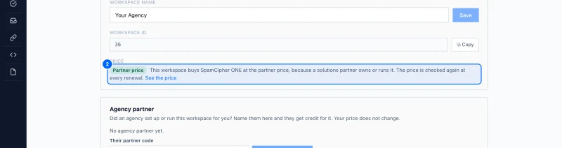 Step 2: In Settings. In Settings, on the Workspace & members tab, the Workspace card has a Price line with the Partner price tag.