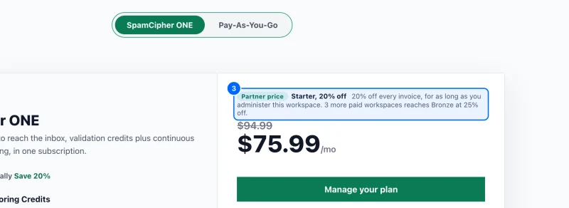 Step 3: On the pricing page. The SpamCipher ONE card shows Partner price with the tier and its percentage off.