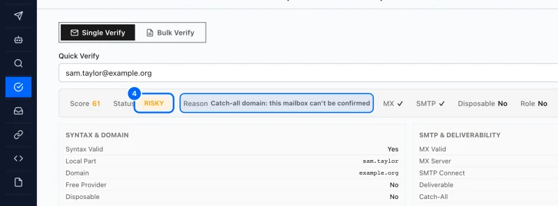 Step 4: RISKY. RISKY means the address might work, but something about it is a concern.