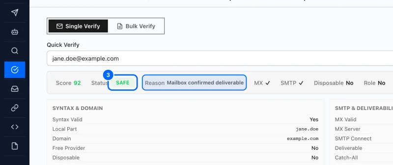 Step 3: SAFE. SAFE means the mail server confirmed the mailbox exists and accepts email.
