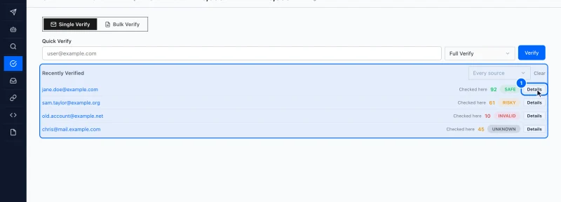 Step 1: Open a result. Check an address, or under Recently Verified, click Details next to one you checked before.