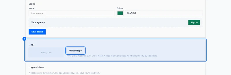 Step 4: Upload your logo. Under Logo, click Upload logo and choose the file. It is saved as soon as it uploads.