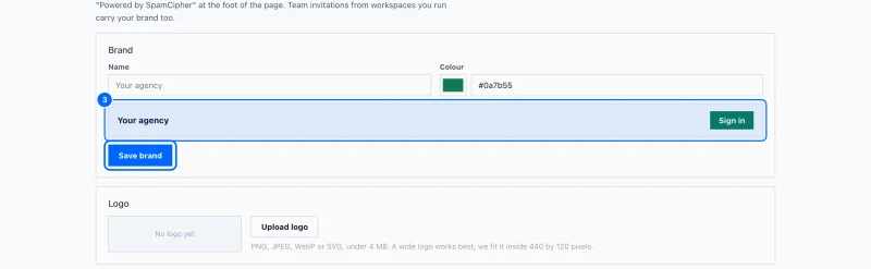 Step 3: Check the preview and save. The preview shows your name and a Sign in button in your colour.