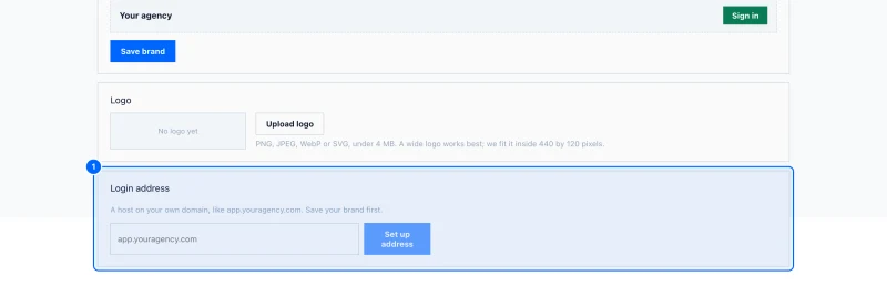 Step 1: Find Login address. In your partner area, click White label, then scroll to Login address.