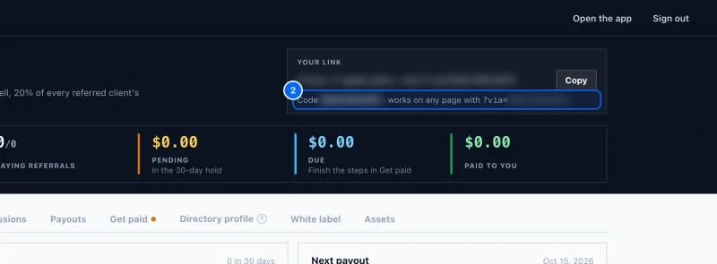 Step 2: Point to any page. Your code works on any spamcipher.com page. Add ?via= and your code to the end of the page's address, for example to link to the pricing page or a blog post.